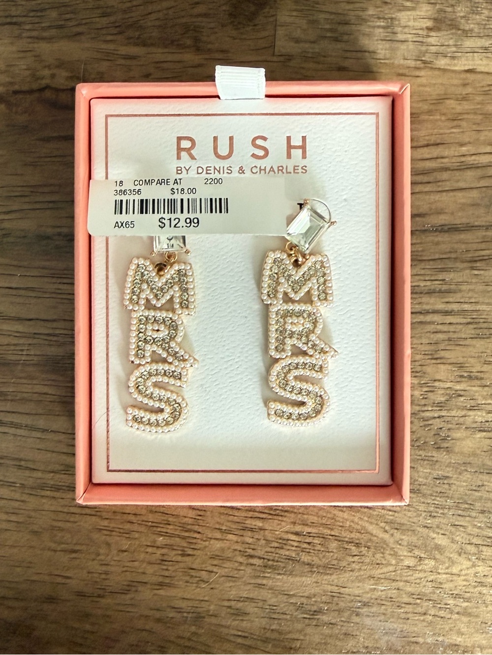 RUSH 'MRS' Gold Crystal Drop Earrings